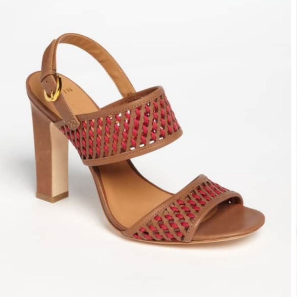 AERIN Toiny Tan Leather Weave Open-Toe Heel Sandal